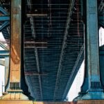 A low angle shot of a big blue metal bridge on a sunny day